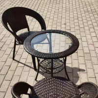 法耐(FANAI)阳台小茶几圆形简易小户型小圆桌钢化玻璃小圆桌子藤编休闲椅套装