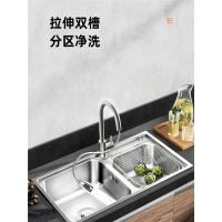 卡贝厨房水槽双槽家用不锈钢洗碗槽洗菜盆手工加厚水池菜盆