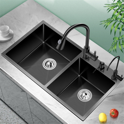 好太太洗菜盆双槽厨房纳米水槽黑色家用大号洗碗池台下