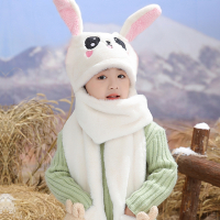 智扣兔子耳朵会动的儿童帽子冬天宝宝围巾围脖一体可爱潮男女童三件套