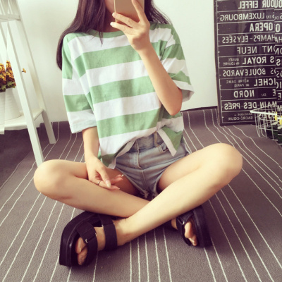 菌曼莎2019夏季新款韩版条纹短袖T恤女士宽松衣服上衣女装