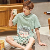 100%纯棉睡衣男夏季韩版初中学生可爱卡通青少年家居服套装夏天薄