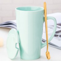 创意北欧陶瓷水杯大容量男生马克杯带盖勺咖啡杯个性家用情侣杯子 绿色