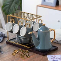 轻奢咖啡杯欧式小家用水杯子简约陶瓷英式下午茶茶具套装 6杯勺+1水壶+1木托盘(灰色)+铁架