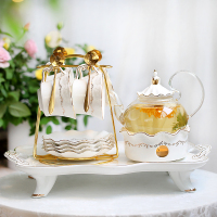 欧式下午茶具陶瓷英式花茶杯套装 煮水果玻璃茶壶 蜡烛加热花茶具 (4杯碟+壶)+金勺+高脚托盘托盘简装