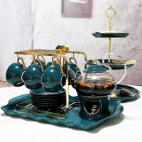 花茶茶具套装北欧式煮水果茶壶茶杯耐热玻璃陶瓷英式下午茶茶具 孔绿1壶1炉6杯碟勺+架+托盘+串盘送蜡烛