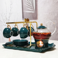 花茶茶具套装北欧式煮水果茶壶茶杯耐热玻璃陶瓷英式下午茶茶具 孔雀绿1壶1炉4杯4碟4勺+架+托盘送蜡烛