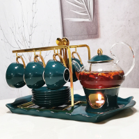 花茶茶具套装北欧式煮水果茶壶茶杯耐热玻璃陶瓷英式下午茶茶具 孔雀绿1壶1炉6杯6碟6勺+架+托盘送蜡烛