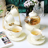 英式下午茶茶具 欧式花茶茶具花茶杯套装 陶瓷玻璃煮水果蜡烛茶壶 金玫瑰(4杯碟+壶)含铁架+金勺