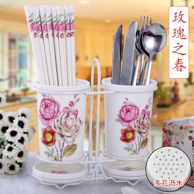 陶瓷筷子筒筷子盒 烘焙精灵沥水筷子笼筷子架 厨房筷筒子创意筷子盒家用 玫瑰之春-双筒