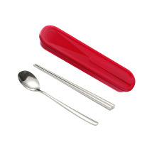 便携不锈钢餐具筷子烘焙精灵勺子套装筷子单人装学生三件套3一人食外带 钢本色+红盒(筷勺2件套)