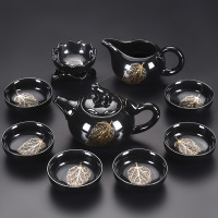 黑天目建盏茶具套装烘焙精灵 家用整套金木叶盏茶壶茶杯茶具建盏 木叶盏(单)10头-富贵
