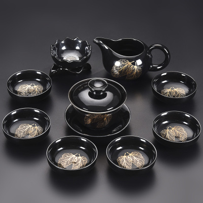 黑天目建盏茶具套装烘焙精灵 家用整套金木叶盏茶壶茶杯茶具建盏 木叶盏(双)10头-盖碗