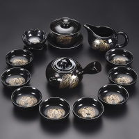黑天目建盏茶具套装烘焙精灵 家用整套金木叶盏茶壶茶杯茶具建盏 木叶盏(双)13头-侧把