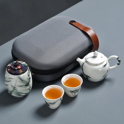 紫砂旅行茶具套装便携包烘焙精灵简约一壶四杯车载旅行家用茶具 琢玉瓷旅行茶具-官帽壶(墨绿)