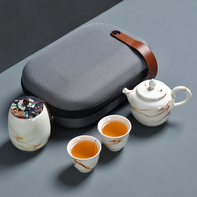 紫砂旅行茶具套装便携包烘焙精灵简约一壶四杯车载旅行家用茶具 琢玉瓷旅行茶具-官帽壶(褐)