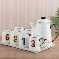 北欧水具套装 彩色数字杯 精致时尚烘焙精灵 家庭家用水杯 茶具水壶套装 6杯+长盘(白色)+大壶