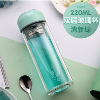 富光玻璃杯双层水杯带盖便携防漏杯子男女时尚茶杯G1702-220 绿色 220ml