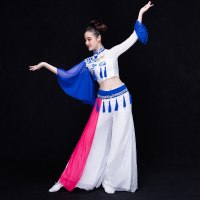 新款古典舞演出服飘逸水袖中国风扇子伞舞表演现代舞蹈服装女蓝白色