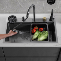 古达厨房水槽枪灰色台阶飞雨瀑布洗菜盆大单槽不锈钢洗碗槽