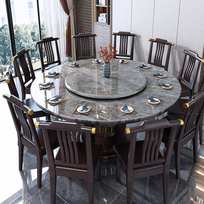 理线家岩板餐桌椅组合新中式家用10人圆形酒饭店大理石圆桌带转盘