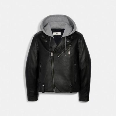 COACH蔻驰男士短外套MOTO JACKET机车男孩连帽皮衣夹克2335_BLK_L