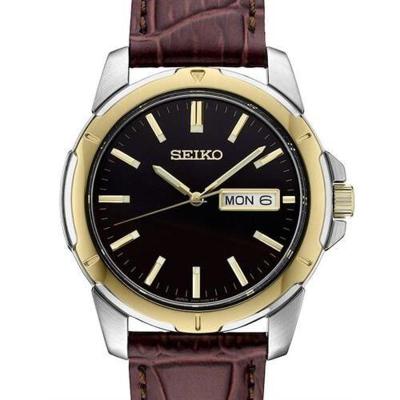 精工(SEIKO) 男士 Essentials 皮革黑色表盘经典百搭 商务休闲防水石英手表