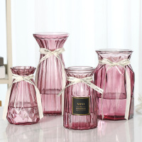 [四件套]北欧创意玻璃花瓶透明水养富贵竹玫瑰花瓶客厅插花摆件 15贴标+折纸+钻石+米兰(酒红色) 大
