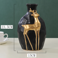 北欧风轻奢鹿陶瓷花瓶摆件三件套客厅酒柜装饰品干花仿真插花创意 黑色金鹿中花瓶