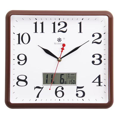 方形电子挂钟客厅 钟表纳丽雅家用个性创意时尚艺术日历石英钟 9814咖啡银日历30×33CM 13英寸（直径33厘米）