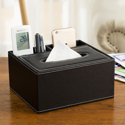 抽纸盒家用客厅创意多功能纸巾纳丽雅盒茶几遥控器收纳盒简约可爱家居 方形2格-黑色牛皮纹