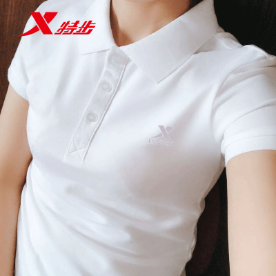特步短袖T恤女2022新款夏季透气白色半袖休闲上衣翻领运动POLO衫