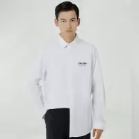 MECITY男装2021夏季新款时尚胸前刺绣白色衬衫男长袖薄款衬衣男