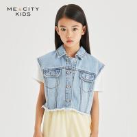 [1件5折价:100]米喜迪mecity童装2021夏季新款女童绣花牛仔无袖马甲翻领夹克