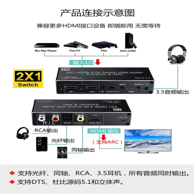 HDMI二进一出2.0分配器Switch2X1闪电客音频分离器ARC高清电视切换器