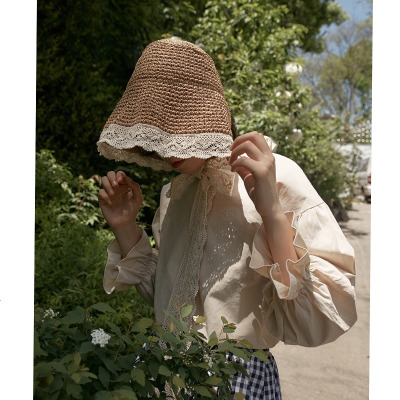韩版遮阳帽子夏天日系小清新绑带蕾丝帽可折叠防晒沙滩渔夫帽女