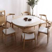 北欧大理石餐桌椅组合多功能拉伸实木圆餐桌现代简约小户型饭桌