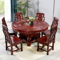 实木雕花圆餐桌饭店桌椅带转盘1.5米组合圆形餐厅桌子吃饭桌家用