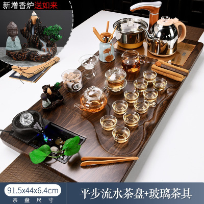 泡茶套装功夫茶具家用流水实木茶盘现代简约办公室会客全自动一体时光旧巷电子茶炉 平布流水+玻璃茶具 34件