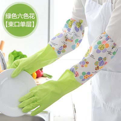 洗衣舒适多用洗碗手套男加大 男士 大号 米魁厨房滑方便加绒乳胶 束口绿色六色花单层 L