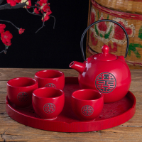 中国红色双喜陶瓷敬茶杯壶结婚茶具套装婚庆送礼用品新婚礼品 纯红双喜1壶4杯+樱花盘