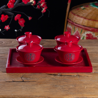 中国红色双喜陶瓷敬茶杯壶结婚茶具套装婚庆送礼用品新婚礼品 (双喜)盖碗(4个)+长方盘