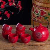 中国红色双喜陶瓷敬茶杯壶结婚茶具套装婚庆送礼用品新婚礼品 纯红双喜1壶6杯