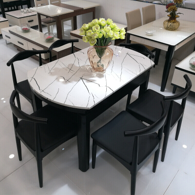 理石餐桌伸缩圆形实木现代简约家用饭桌可折叠北欧火烧石圆桌