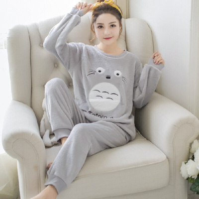 波迷娜(BOMINA)睡衣女式季卡通风服珊瑚绒睡衣化纤套装灰色龙猫绒少女