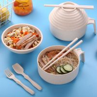 日式学生宿舍泡面碗带盖小麦秸秆餐具家用大号有盖方便面碗筷套装