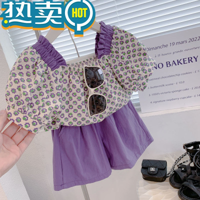 绿彩虹光女童套装2023夏季新款法式方领女宝洋气儿童甜美花朵短袖短裤阳光
