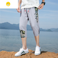 FISH BASKET季男士薄款短裤时尚潮流沙滩中裤修身舒适透气棉麻中国风7分裤