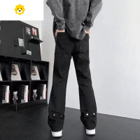 FISH BASKET美式复古纯黑色牛仔裤男扣子设计感修身裤子vibe潮流高街直筒长裤