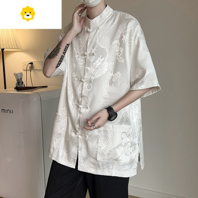 FISH BASKET新中式男装白衬衫半袖中国风唐装高级垂感短袖龙暗纹双面外套衬衣